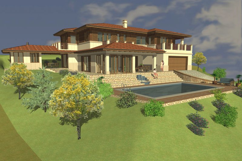 számítógépes látványterv, családi ház medencével