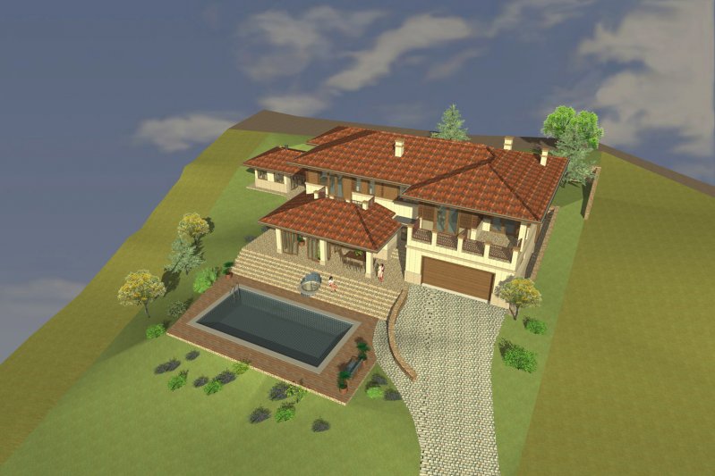 ház számítógépes látványterv, madártávlatból