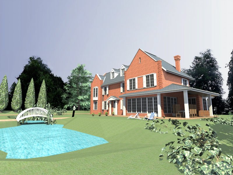 villa látványterv kerti tóval