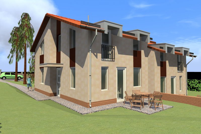 ikerház grafika, oldalsó bejárat felőli nézet