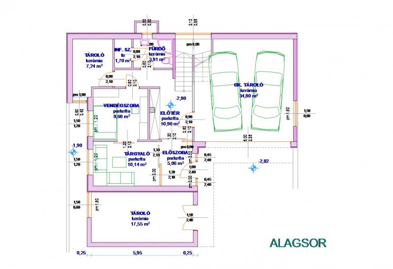 alagsor alaprajza, gépkocsibeállóval