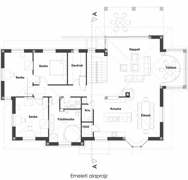 többszintes villa, alaprajz emelet