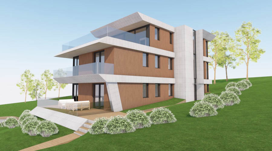 háromlakásos modern társasház terv