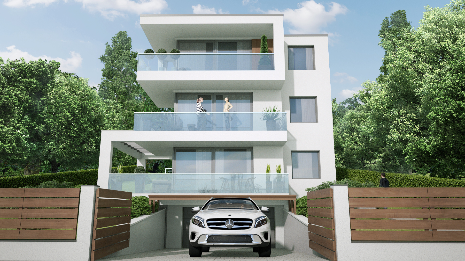 társasház, garázzsal látványterv