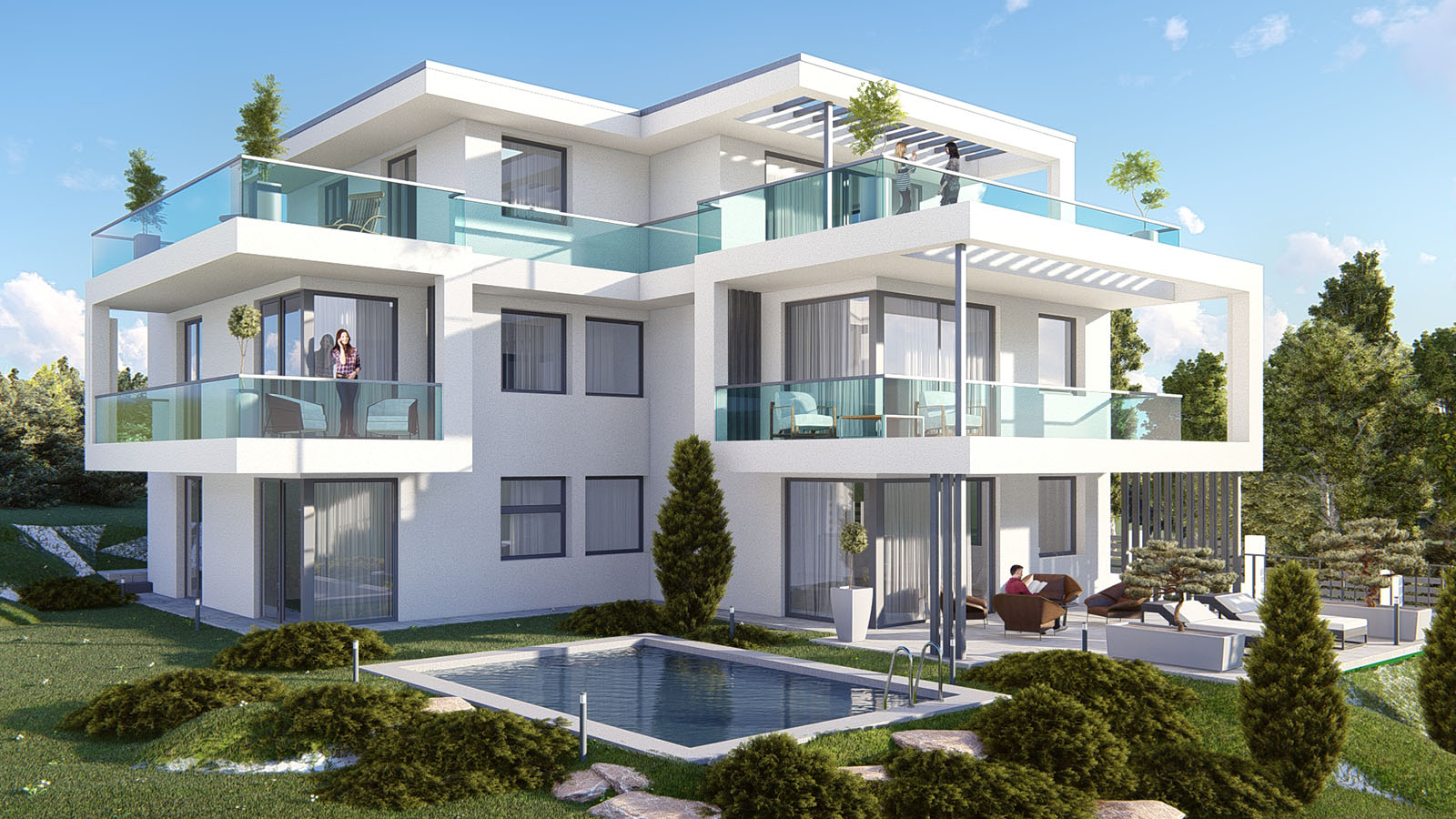 modern társasház tágas terasz, medence, zöldövezet látványterv