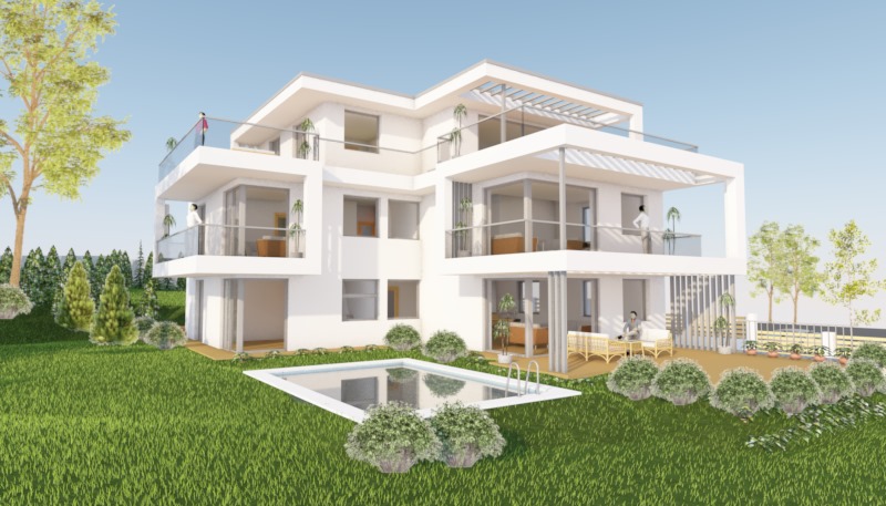 3d látványterv kerti medence társasház mellett