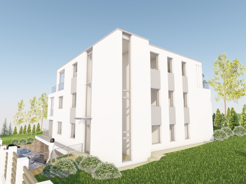 3d terv lépcsőház homlokzat felől, modern társasház