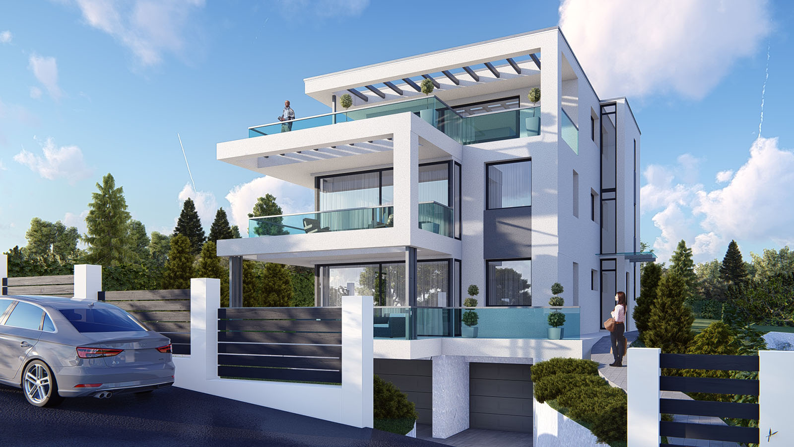 modern négylakásos társasház tervezés, üvegfelületek alkalmazása